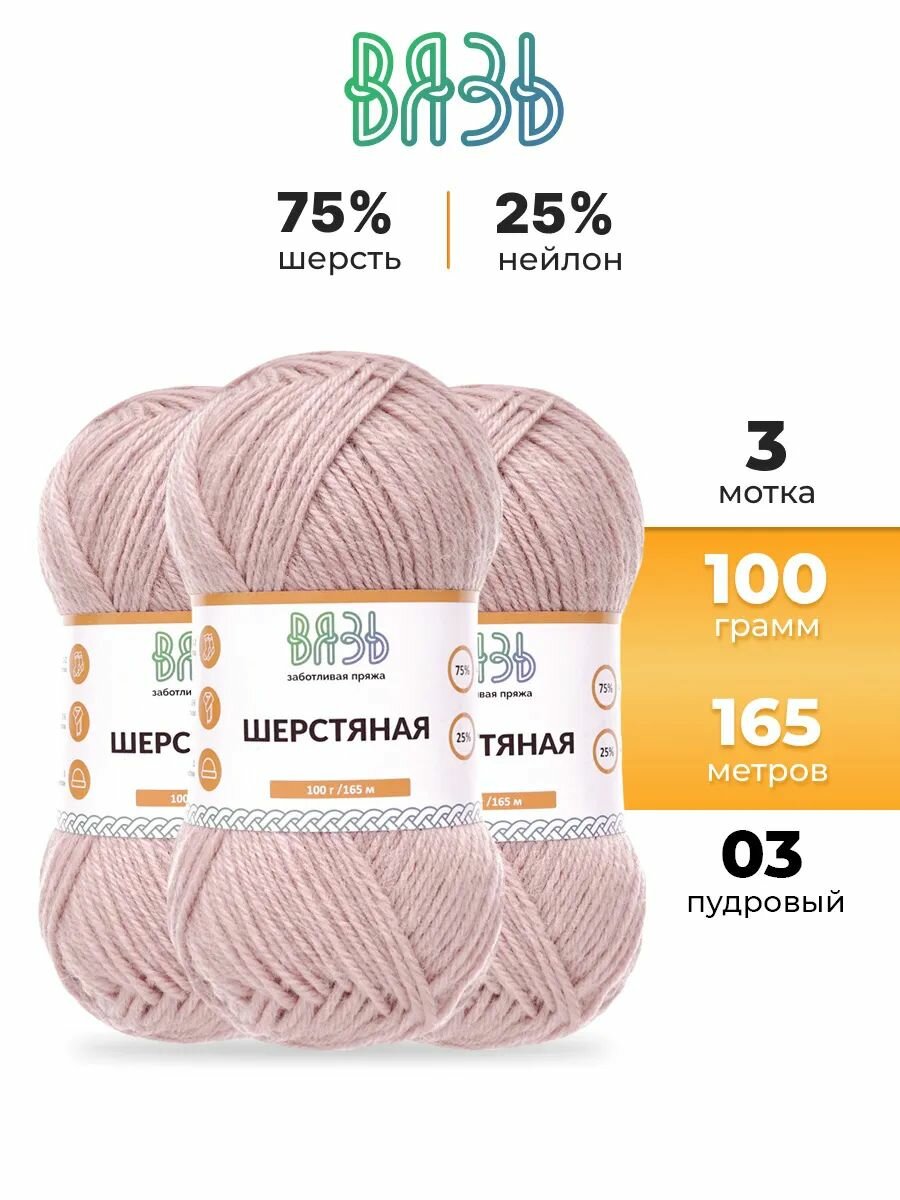 Пряжа для вязания Вязь 'Шерстяная' 100г, 165м (75% шерсть, 25% нейлон) (03 пудровый), 3 мотка