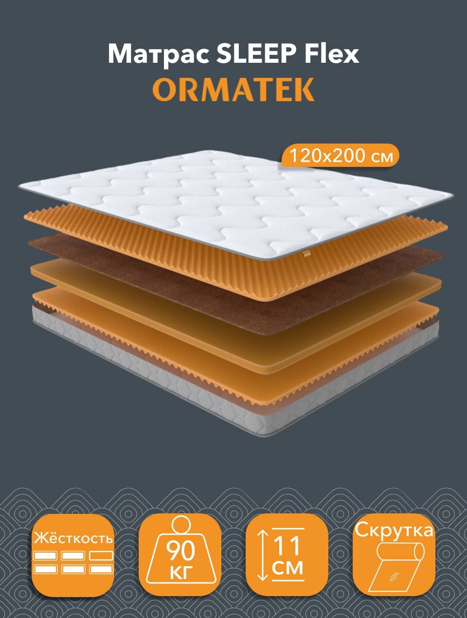 Орматек Матрас SLEEP Flex, Беспружинный, 120х200 см, Односпальный двусторонний анатомический тонкий матрас на кровать с массажным эффектом