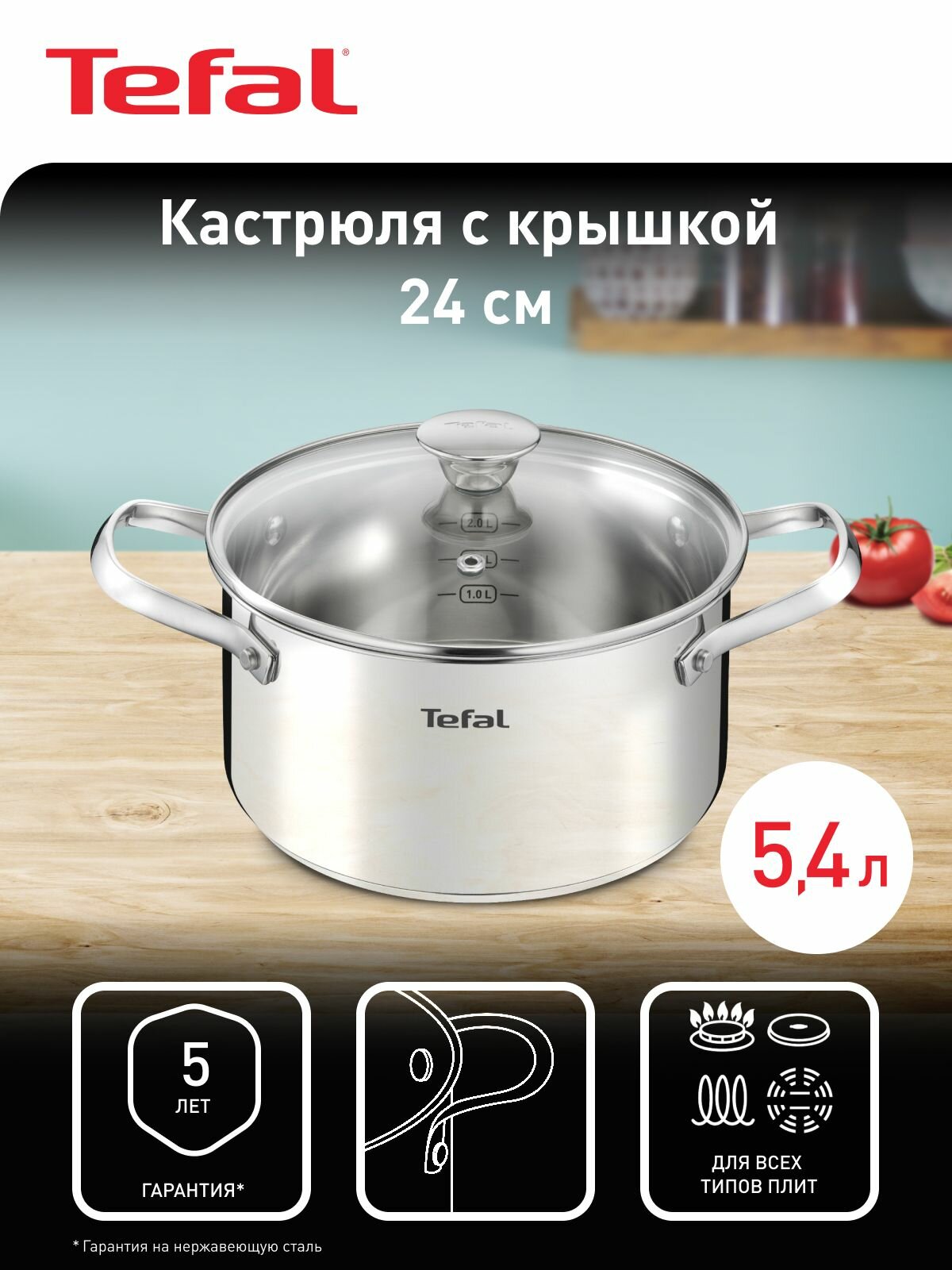 Кастрюля с крышкой 5.4 л 24 см Tefal Cook Eat B9214674, из нержавеющей стали, с мерной шкалой, для индукционных плит
