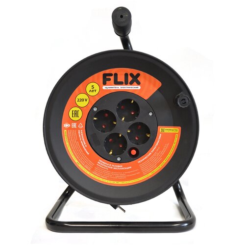 Удлинитель на катушке 4 гнезда 40 метров кгттбм 3х1,5 с заземлением 16А черный FLIX