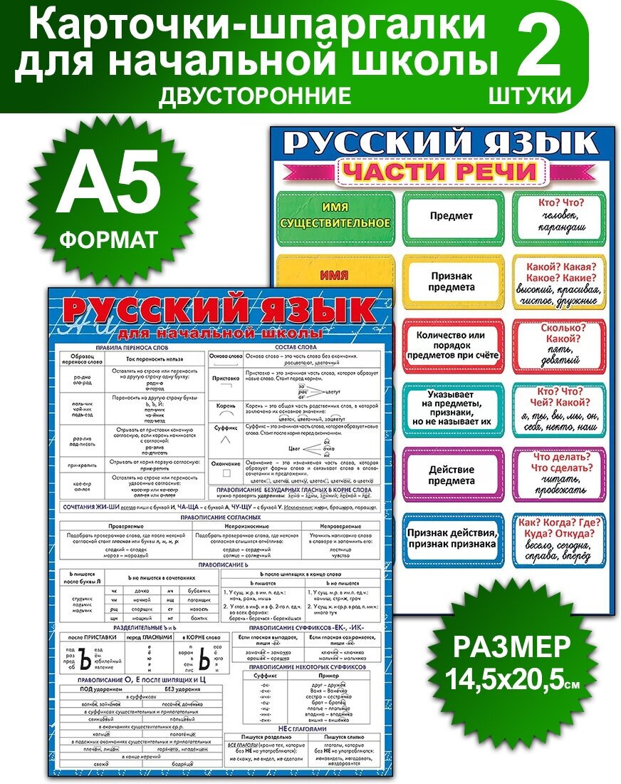 Обучающие карточки шпаргалки двусторонние по русскому языку для начальной школы, формат А5, размер 14.5х20.5 см, набор 2 штуки