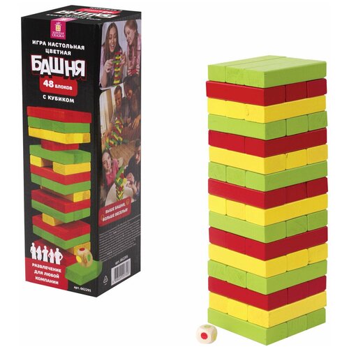 Игра настольная Цветная Башня, 48 окрашенных деревянных блоков + кубик, Золотая Сказка