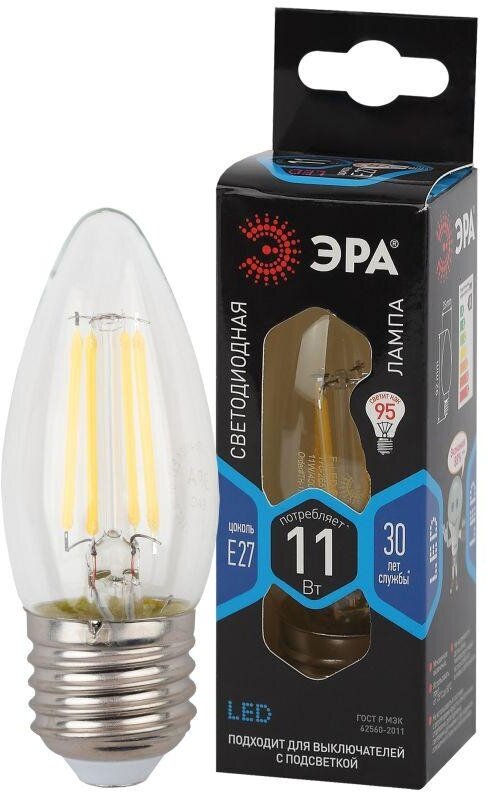 Лампа светодиодная филаментная F-LED B35-11W-840-E27 11Вт B35 свеча 4000К нейтр. бел. E27 Эра, ЭРА Б0046988 (1 шт.)