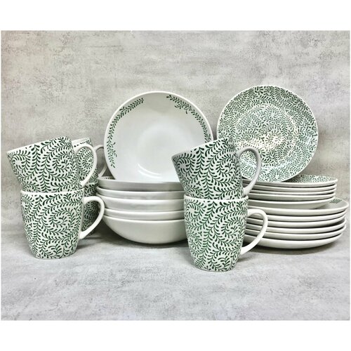 Набор посуды столовой на 6 персон, 24 предмета, тарелки и кружки керамика, коллекция Орнамент
