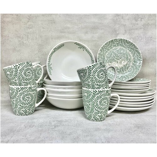 Набор посуды столовой на 6 персон, 24 предмета, тарелки и кружки керамика, коллекция Орнамент