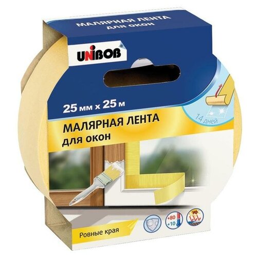 Клейкая лента малярная для заклейки окон Unibob желтая 25 мм х 25 м