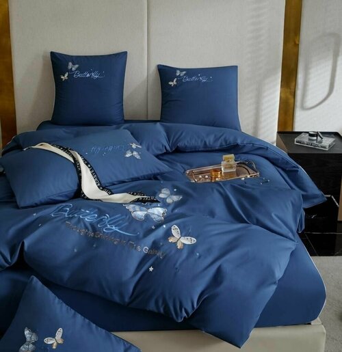 Комплект постельного белья Mency Butterfly, Сатин, Евро, в подарочной упаковки, наволочки 50x70, 70x70 (синий)