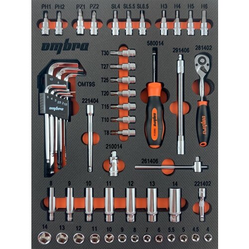 Набор головок торцевых 1/4 DR с аксессуарами в EVA ложементе 280х375 мм, 54 предмета OMT54STE насадка торцевая 1 4 dr с вставкой sl 6 5 мм ombra 114565