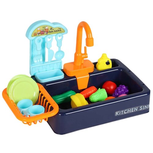 фото Кухня детская игровая раковина с водой, на батарейках, 26 предметов: игрушечная посуда, столовые приборы, игрушечные продукты, для девочек, для игры в хозяйку, цвет синий, в/к 37*9*26 см компания друзей