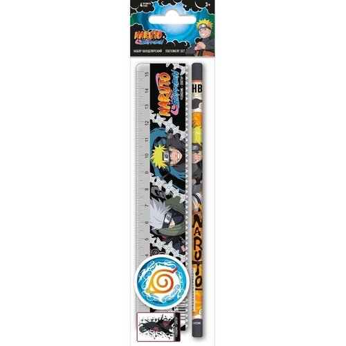 Naruto Набор канцелярский Naruto: карандаш чернографитный, линейка 15 см, ластик, точилка, с европодвесом