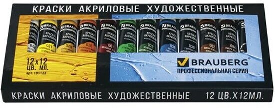 Краски акриловые Brauberg 12 цветов по 12 мл, художественные, профессиональная серия