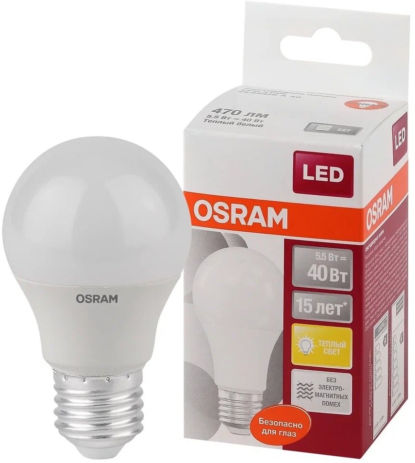 Лампочка светодиодная OSRAM LED Star 470лм 5Вт 2700К (теплый белый свет) Цоколь E27 1 шт