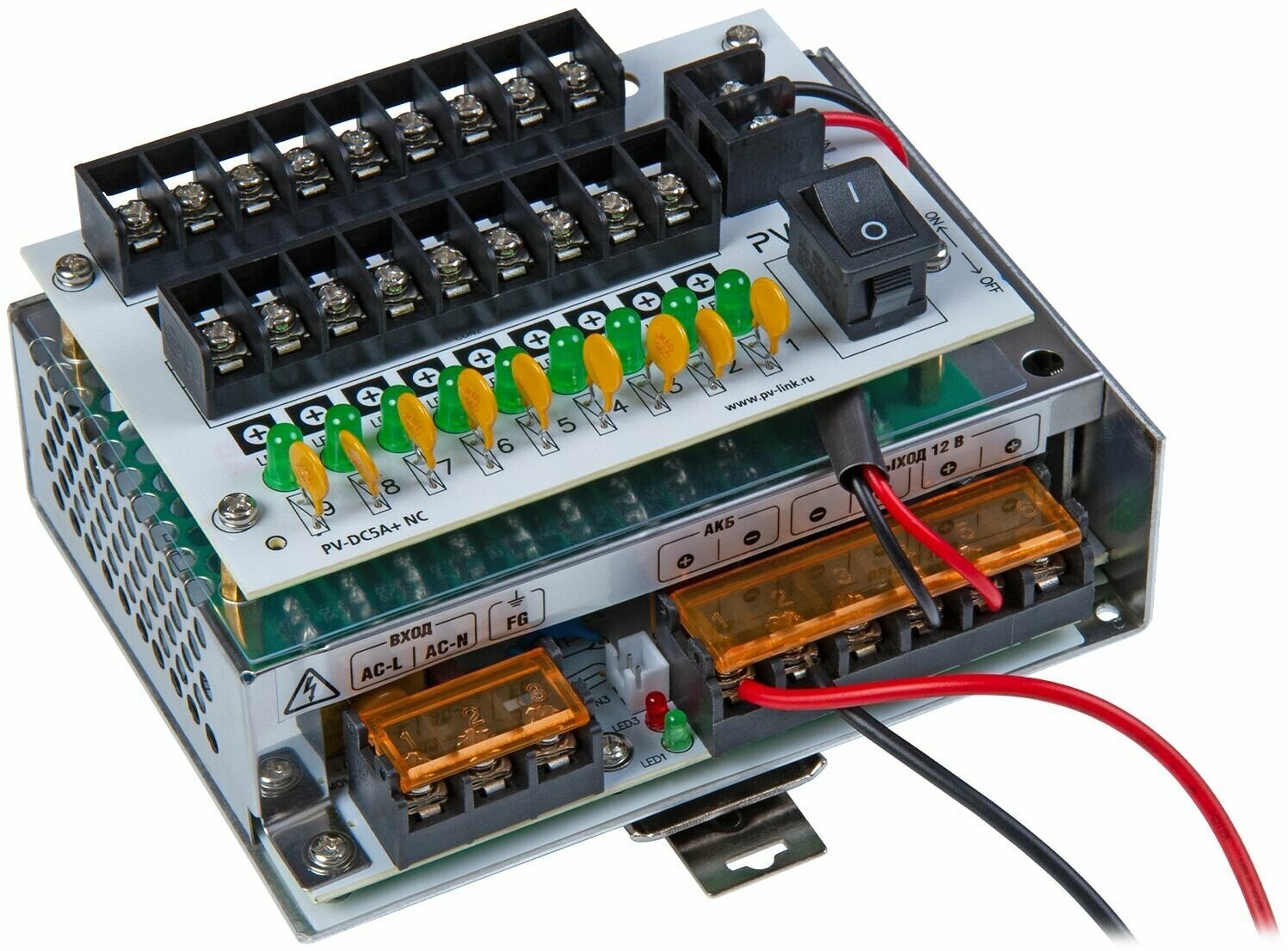 PV-Link PV-DC5A+ NC - профессиональный стабилизированный блок бесперебойного питания DC 12 В 5 А с девятью защищенными выходами на DIN-рейку