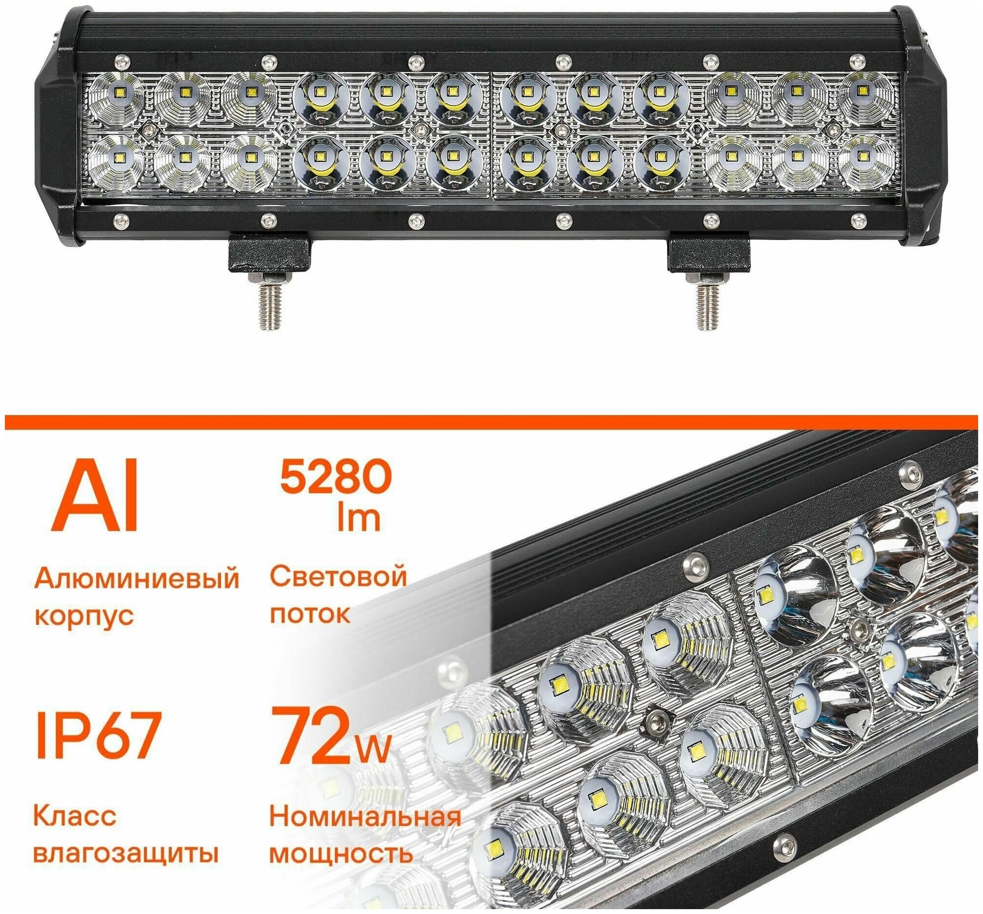 Фара светодиодная балка двухрядная 72W 300x78x65 24 LED комбинир. свет 12/24V (AIRLINE) - фото №2