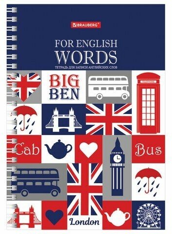 Тетрадь-словарь для записи английских слов А5 48 л, гребень, клетка, BRAUBERG, справка, 403564