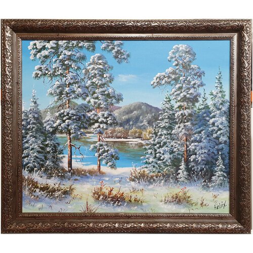 Картина маслом на двп Природа, оформлено в рамку 62х52см.