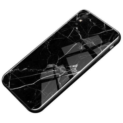 фото Ультра-тонкий силиконовый чехол-бампер mypads для xiaomi redmi 9a с закаленным стеклом на заднюю крышку телефона «тематика мрамор» черный