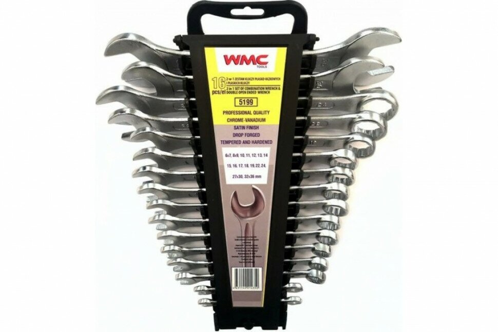 Набор комбинированных и рожковых ключей WMC TOOLS 16пр 6х7,8х9,10-19,22,24, 27х30, 32х36мм, в пластиковом держателе WMC-5199
