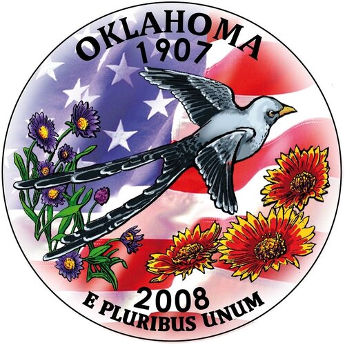 (046p) Монета США 2008 год 25 центов Оклахома Вариант №2 Медь-Никель COLOR. Цветная