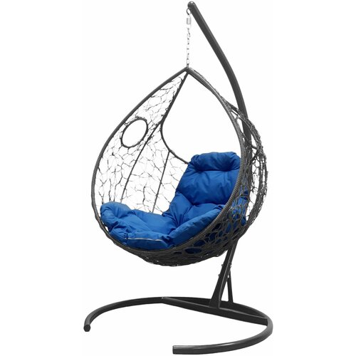 Подвесное кресло ротанг серое, синяя подушка