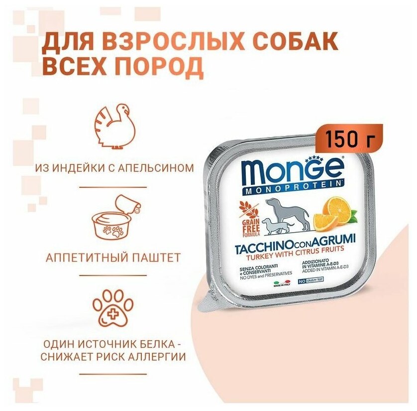 Влажный корм для собак Monge Monoprotein Fruits паштет из индейки с цитрусовыми 0,15 кг - фото №2