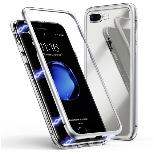 фото Чехол-бампер mypads для iphone 6 plus/ 6s plus 5.5 (айфон 6/ 6с+ плюс) магнитный из закаленного стекла и металла с двухсторонней прозрачной крышкой металлический защитный противоударный серебристый