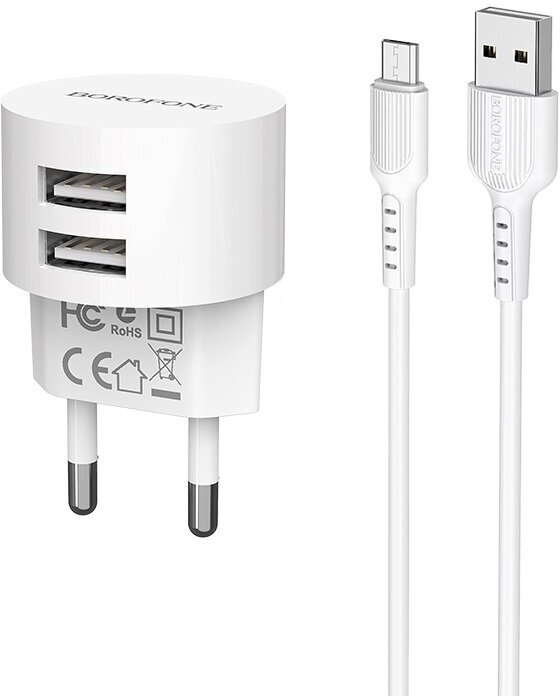 СЗУ+кабель Micro-USB Borofone BA23A Brilliant, 2USB, 2.4A, белый (04016)