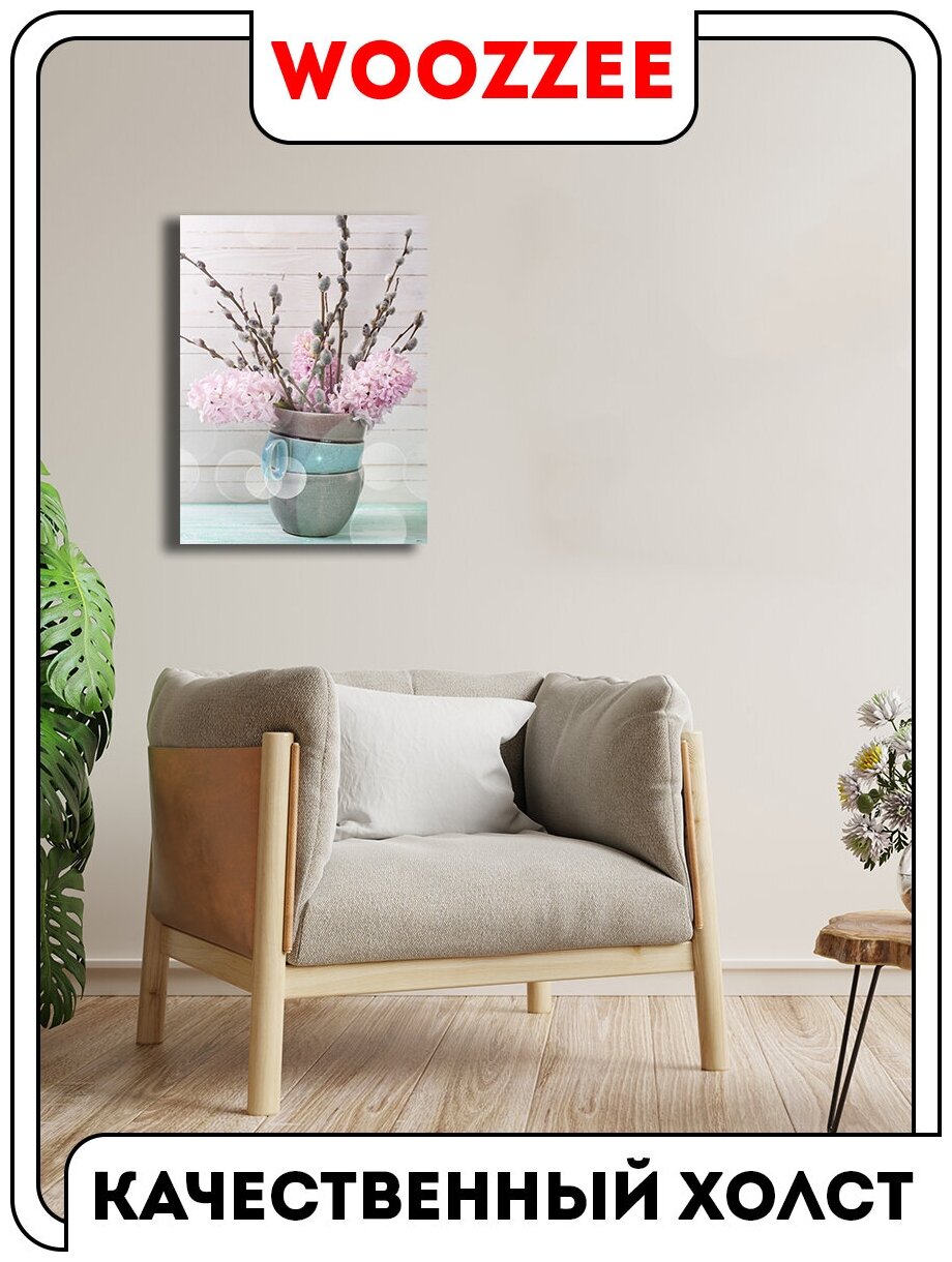 Картина интерьерная Woozzee "Гиацинты и ветки ивы в вазе", 40х30 см с подрамником / картина на холсте / картина интерьерная