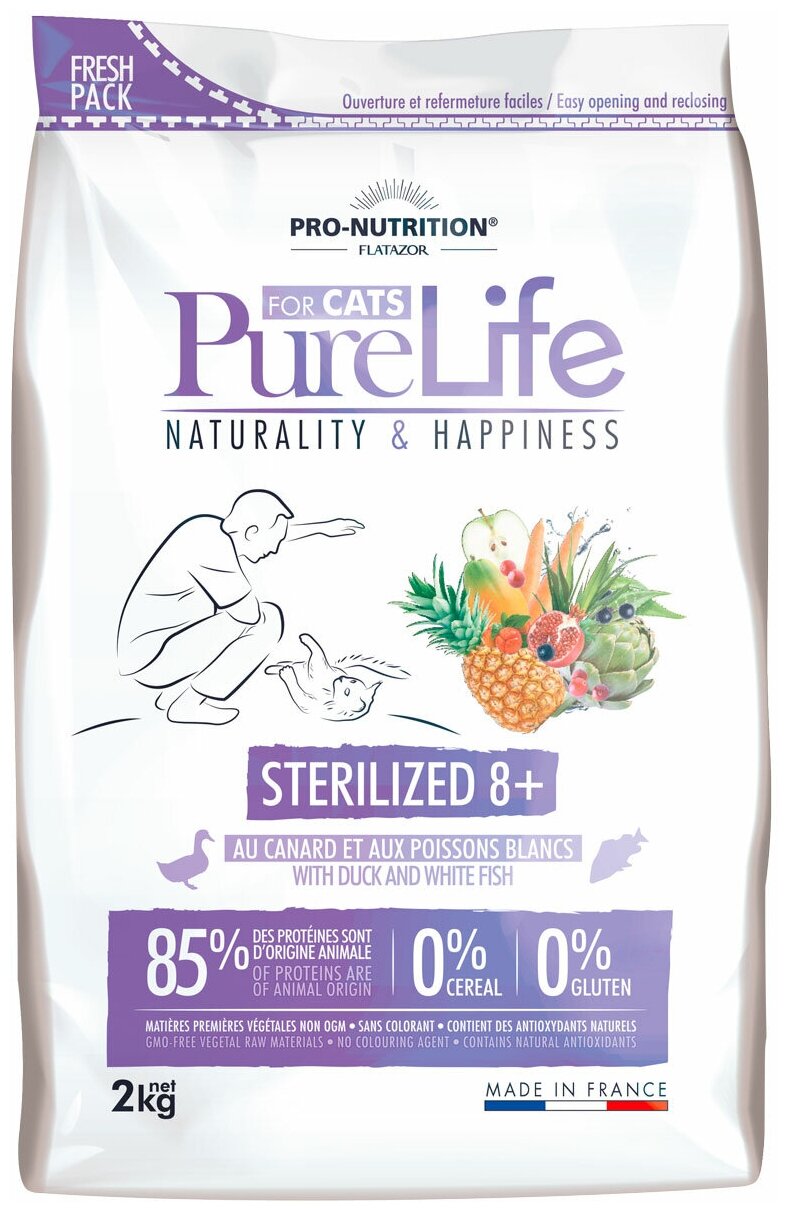 FLATAZOR PURE LIFE ADULT STERILISED 8+ для взрослых кастрированных котов и стерилизованных кошек старше 8 лет (2 кг)