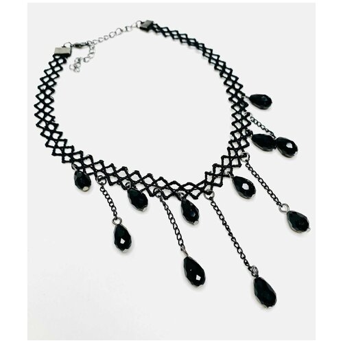 фото Кружевной чокер с цепочками, подвесками, крупными камнями/ кружевная бархотка/ вечернее украшение на шею , черный acfox