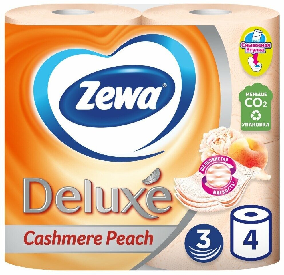 Туалетная бумага Zewa, Deluxe, 3 слоя, 4 шт, 18.8 м, с втулкой, персик