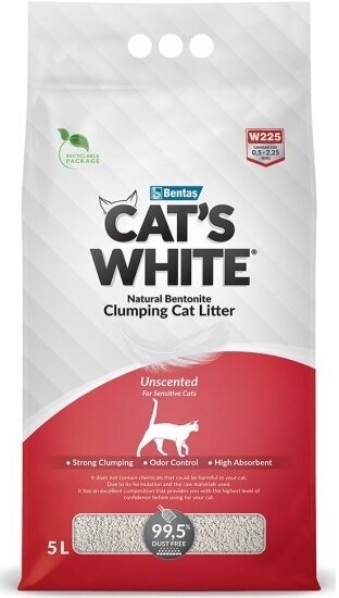 Наполнитель для кошачьих туалетов Cat's White Natural комкующийся, бентонитовый натуральный без ароматизатора (5л)