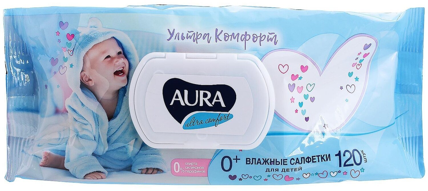 AURA Влажные салфетки Aura Ultra Comfort, детские с экстрактом алоэ, 120 шт.