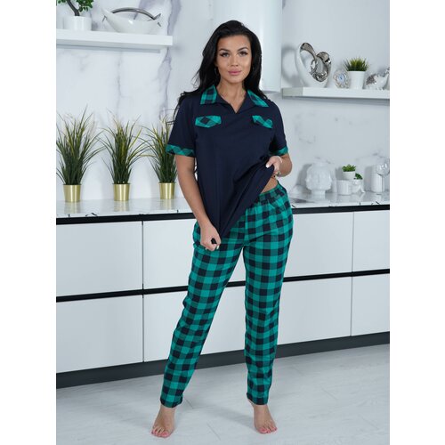 фото Женский домашний костюм с брюками и футболкой, синий, размер 44 lovetex.store