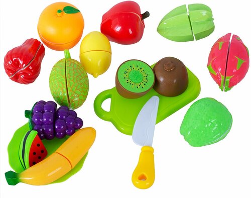 Набор игрушечных продуктов для нарезки овощи И фрукты половинки на липучках с тарелкой ножом и разделочной доской 613A Поварёнок Tongde