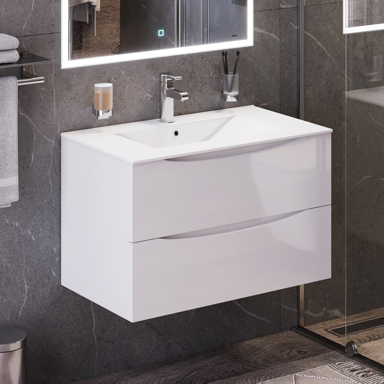 фото Тумба подвесная 80 белая BOND Cube T01800-S05W с белой раковиной