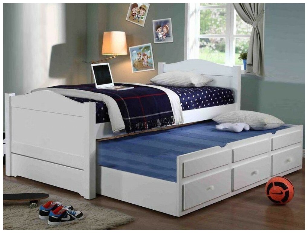 Кровать для 2-х детей выкатная прованс 90х190 белая из массива с ящиками на направляющих (без матраса)