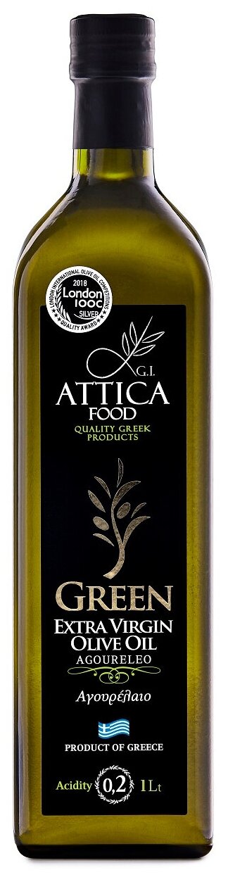 Oливковое масло Attica Food GREEN 1л, нефильтрованное, 0,2% (Греция, Пелопоннес, Extra Virgin, стекло)