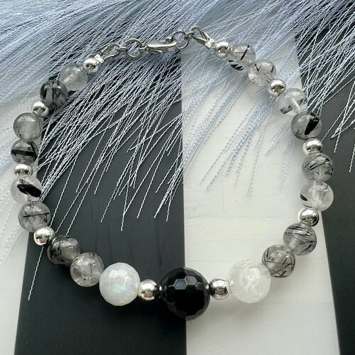 фото Браслет-нить, турмалин, кварц, размер 19 см, серебряный, черный нет бренда