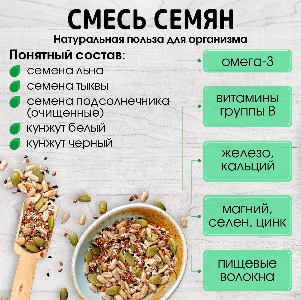 Смесь из 5 семян для салата Miosuperfood 1000 г. Семена льна, семена тыквы, ядра подсолнечника, кунжут черный, кунжут белый.