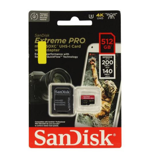 Карта памяти Micro SecureDigital 512Gb SanDisk Extreme Pro microSDXC class 10 UHS-1 U3 V30 (SDSQXCD-512G-GN6MA) + адаптер