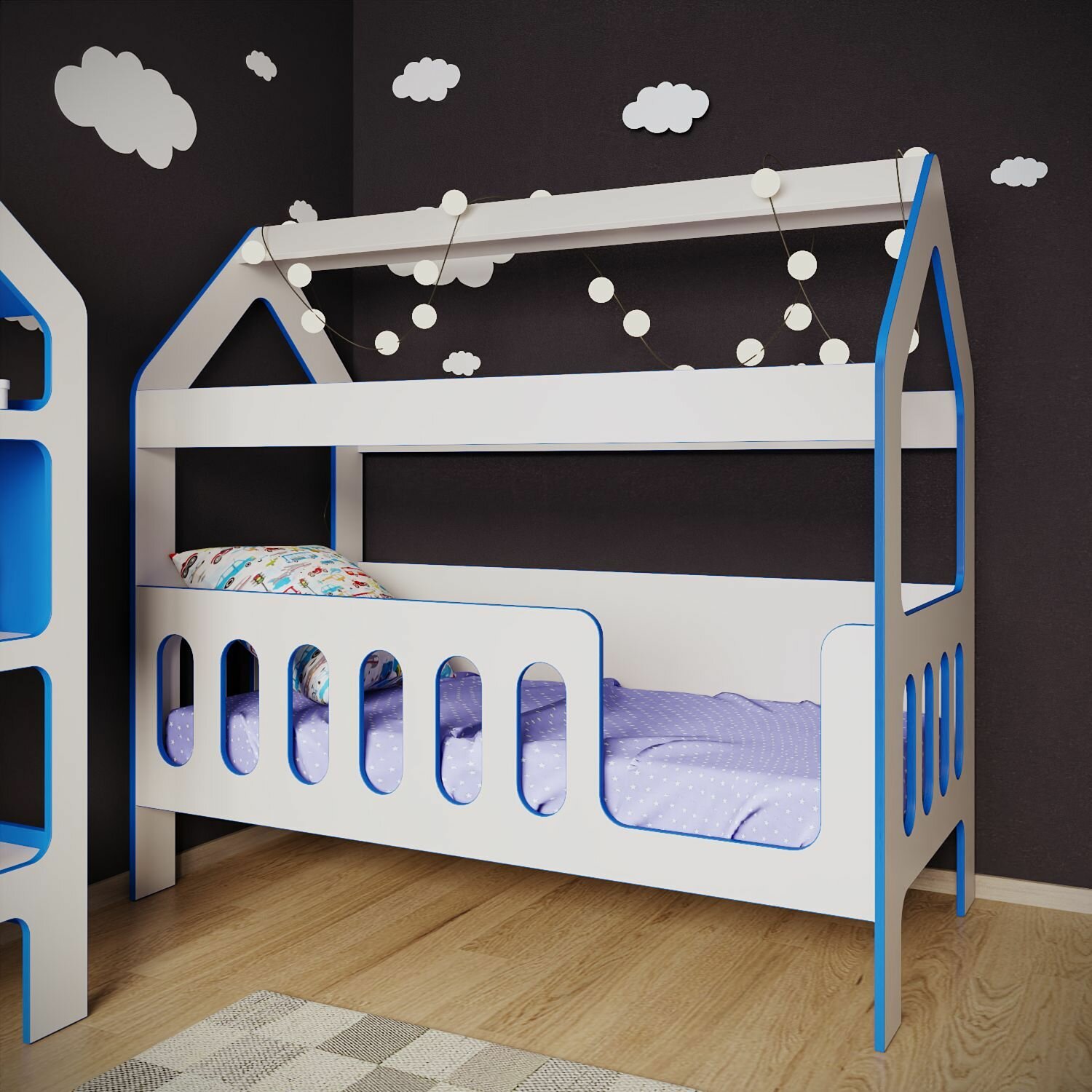 Кровать детская с бортиком под матрас 160х80, кровать-домик, БазисВуд, вход справа, цвет синий