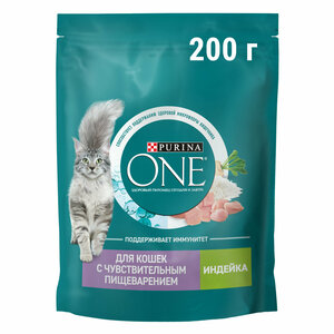 Сухой корм Purina ONE® полнорационный для взрослых кошек с чувствительным пищеварением и разборчивым вкусом в еде, с высоким содержанием индейки, 200 г