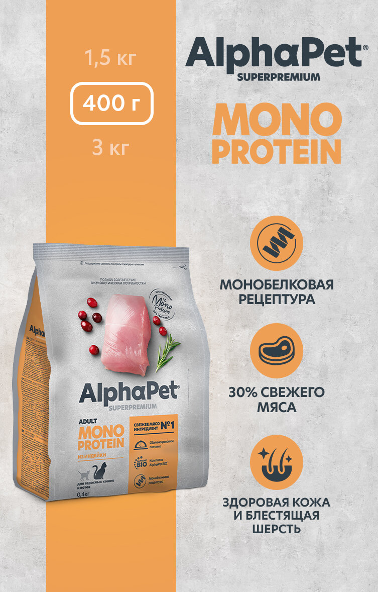 Сухой корм для взрослых кошек AlphaPet Monoprotein из индейки, 400г