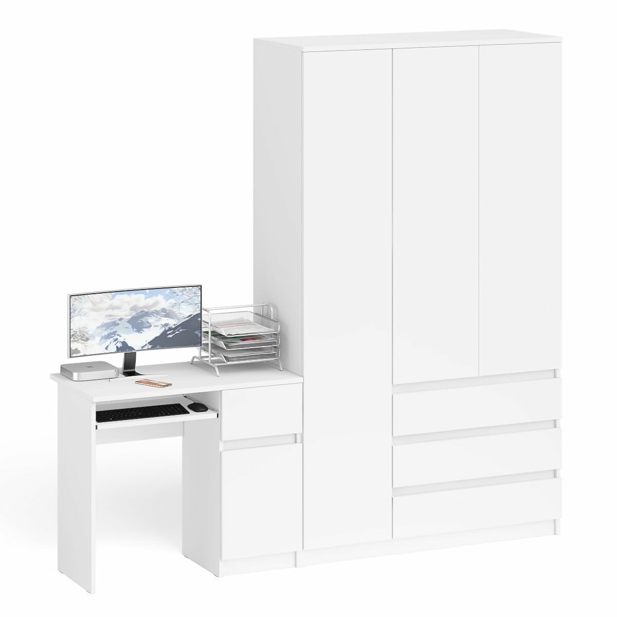 Компьютерный стол СВК Морис тумбой с дверкой и ящиком правый и шкаф-комод цвет белый, 210,4х50,4х209,6 см.