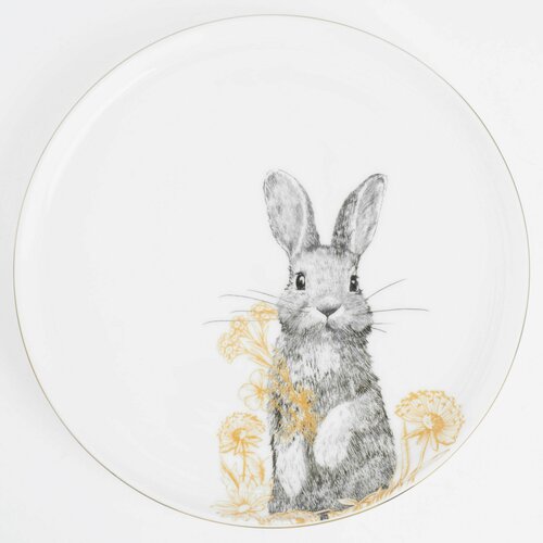 Тарелка закусочная, 24 см, фарфор F, белая, с золотистым кантом, Кролик с цветами, Rabbit gold