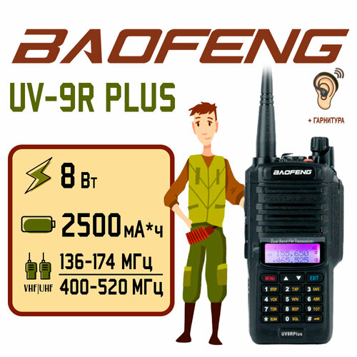 Портативная радиостанция Baofeng UV-9R Plus 8 Вт Черная UHF VHF 3000₽