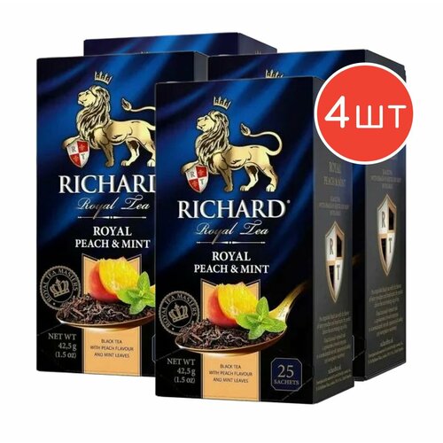 фото Чай черный "richard royal peach" с персиком и мятой 25 пакетиков 4 упаковки