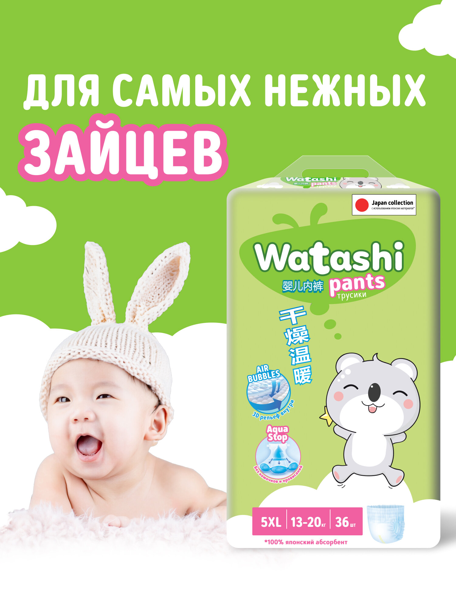 Подгузники трусики детские 5 XL размер 13-20 кг, 36 шт, WATASHI — фото 1