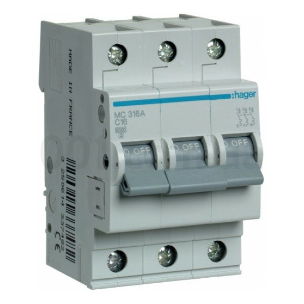 Автоматический выключатель MC316A 3P C16 16A 6kA Hager  монтаж на DIN рейку